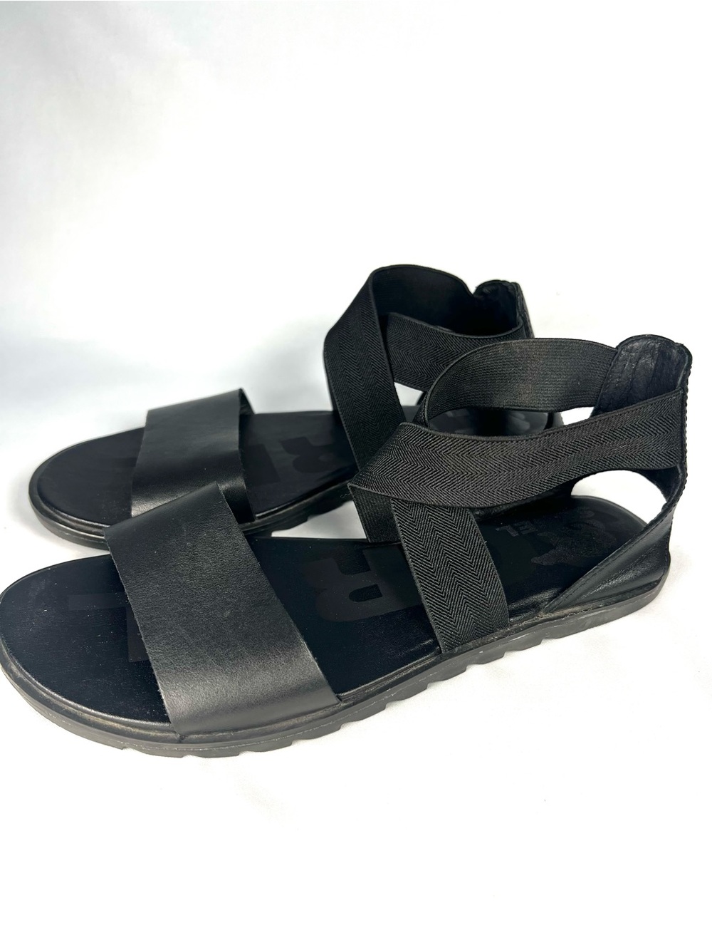Sorel Black Leather Elastic Strap Sandals Women’s Size 8 Comfort Flat